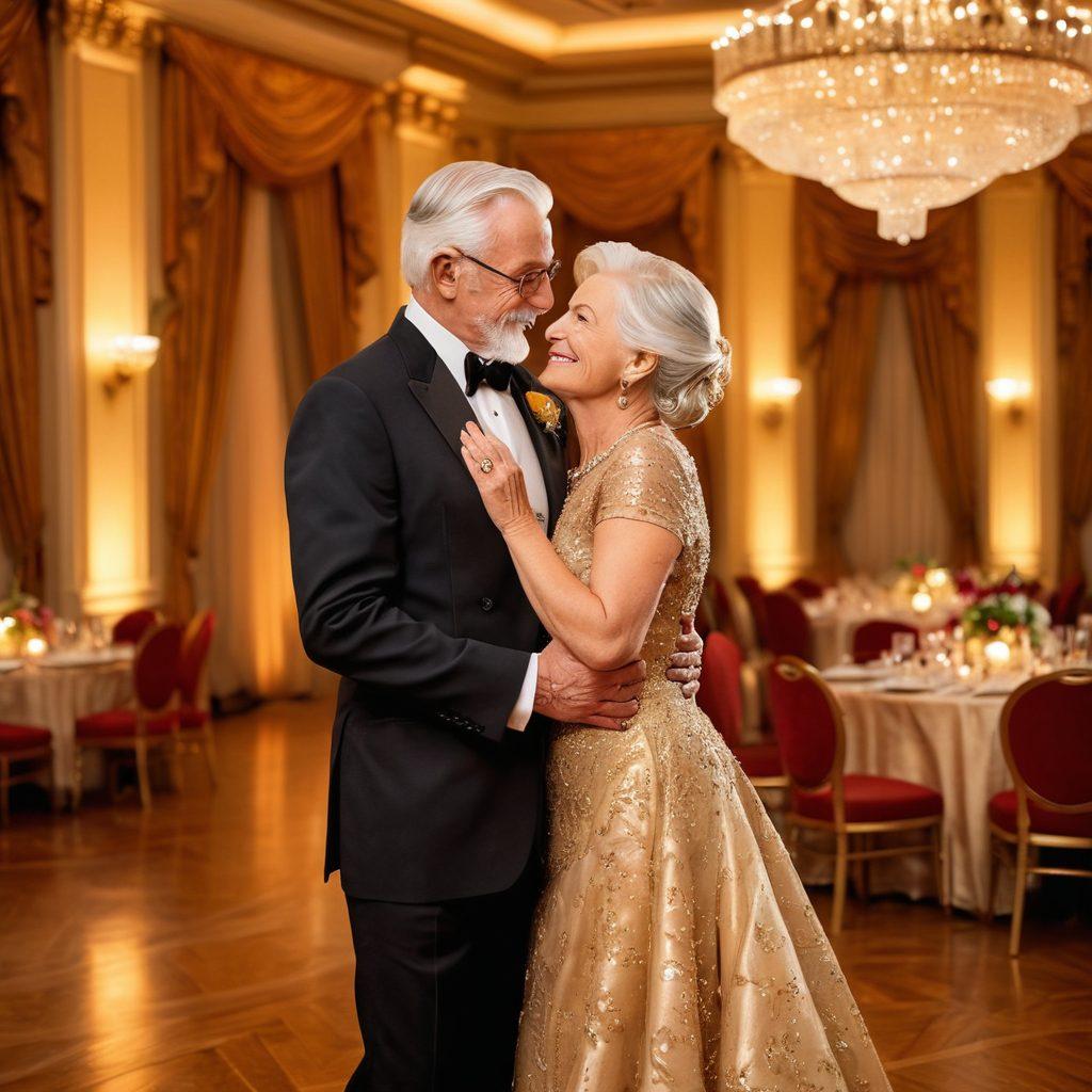 An elegant and inviting setting featuring a stylish couple in their golden years, joyfully enjoying a vibrant ballroom event with soft, warm lighting. Surround them with tasteful decorations, emphasizing the beauty of mature sensuality through subtle gestures and engaging expressions. Include elements that highlight freedom and empowerment in exploring intimacy. Capture a sense of celebration and connection amid the glamour. super-realistic. vibrant colors. warm lighting.