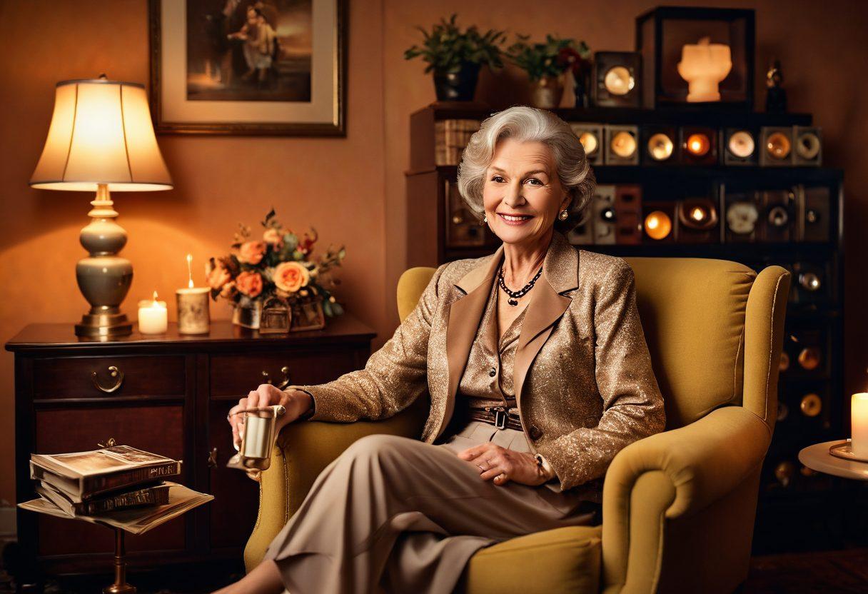 A whimsical yet tasteful representation of mature romance, featuring an elegantly dressed older woman with a playful smile, surrounded by vintage film reels and soft candlelight. The background is a cozy living room filled with plush armchairs and alluring decor, enhancing the intimate atmosphere. Warm color tones should evoke nostalgia, creating a welcoming vibe. surrealistic. warm colors. soft focus.